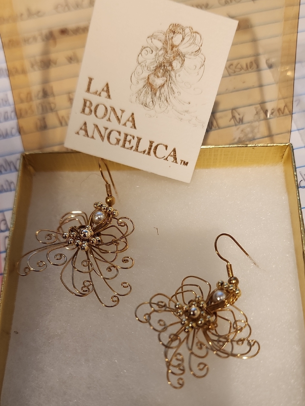 Vintage La Bona Angelica Gold Filigree Pearl Drop Earrings